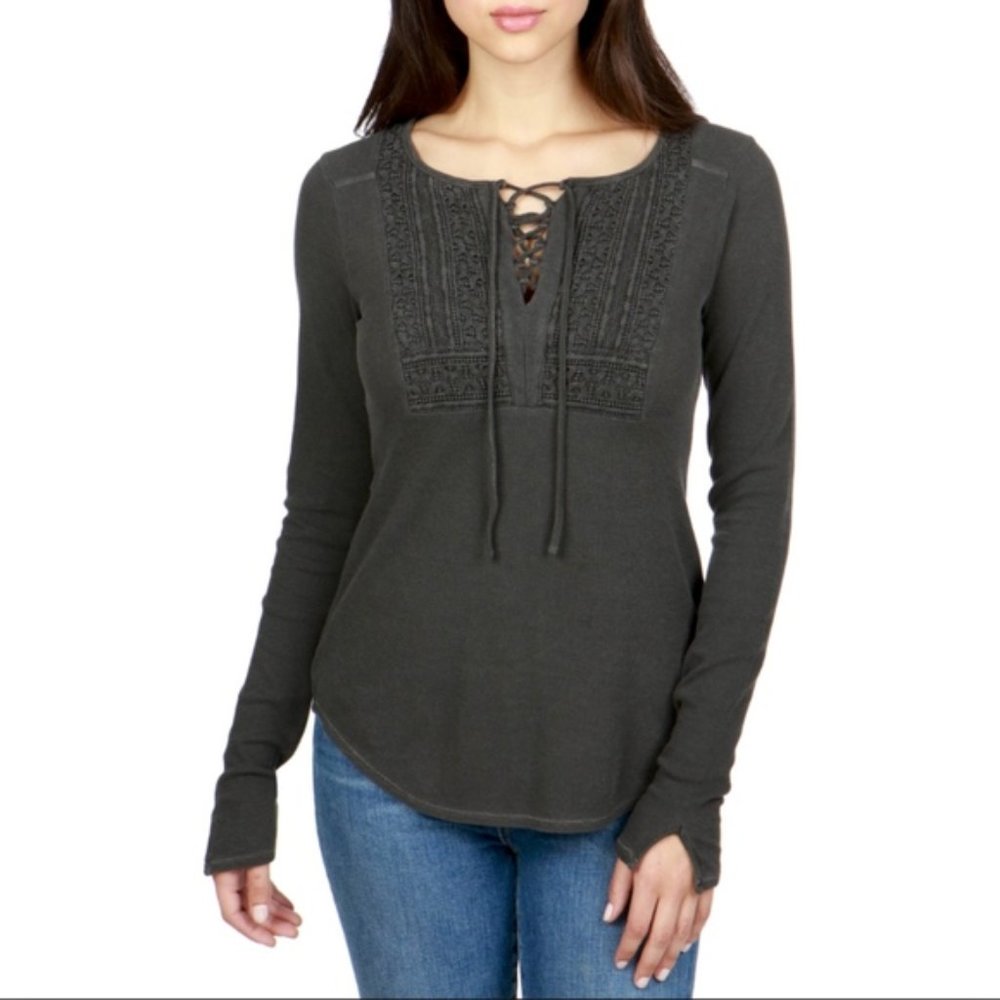 Lucky Brand Waffle Knit Lace Up Thermal Cozy Top Crochet Trim Dark Blue Sz L
